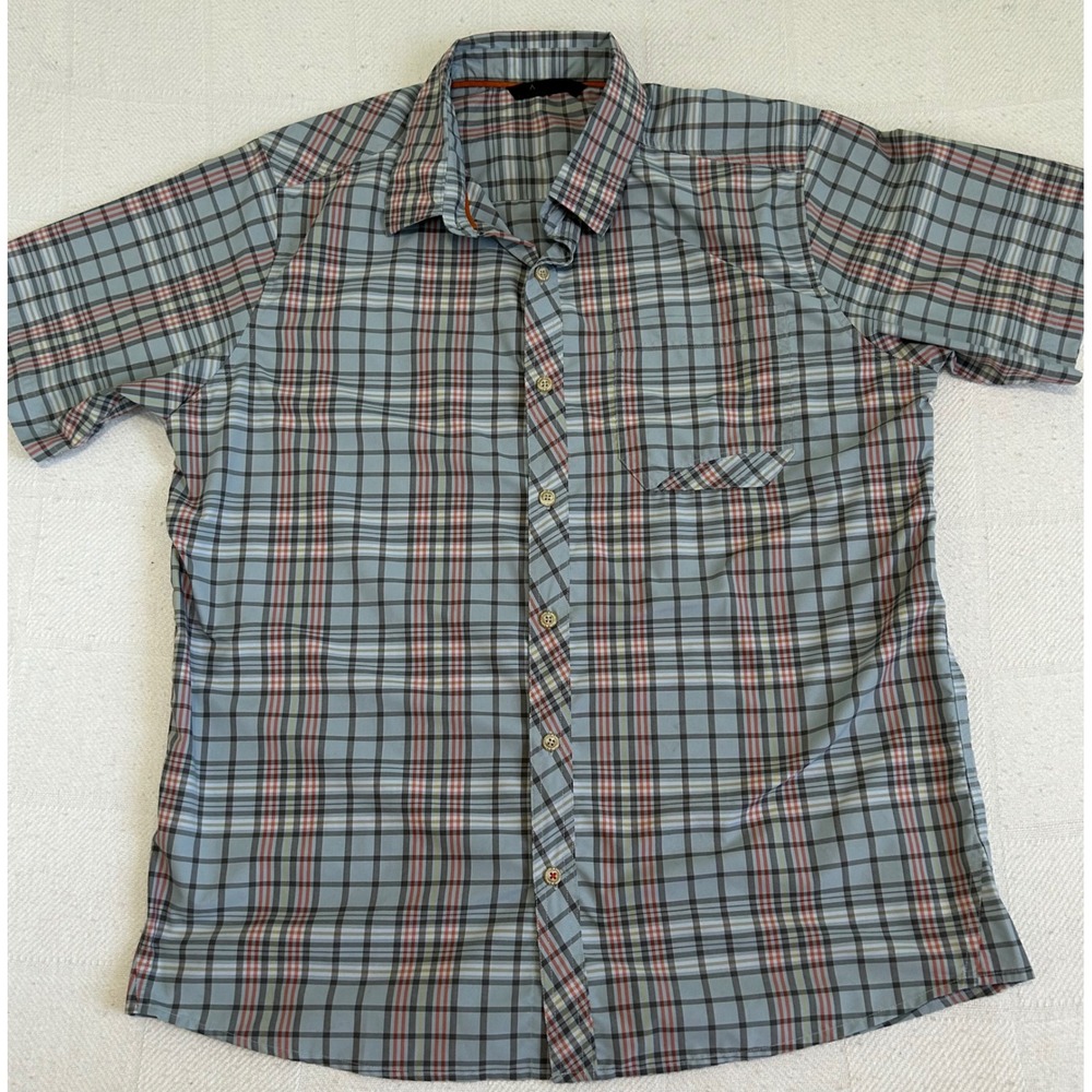 Basin + Range Mens Large Short Sleeve Plaid Button Down Shirt Blue Orange Grey